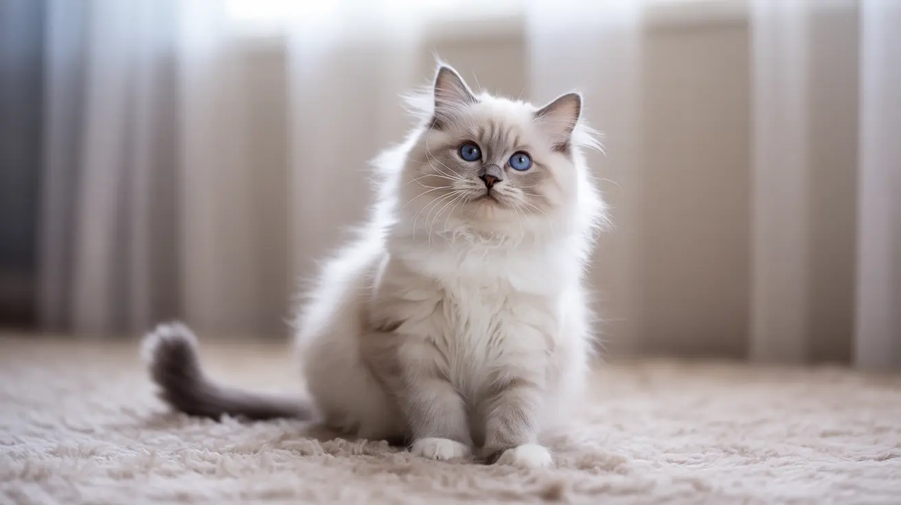 A pristine white Ragdoll cat with striking blue eyes sitting elegantly on a plush carpet