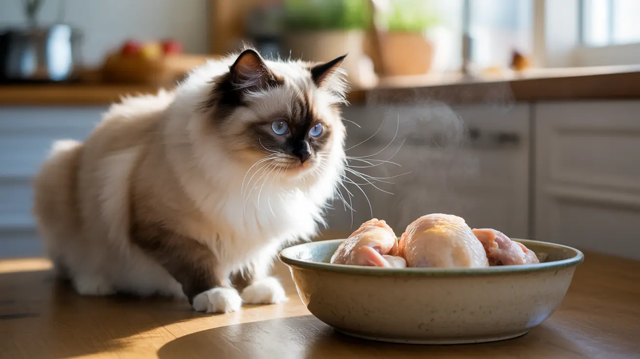 Ragdoll cat with blue eyes sitting by a bowl of raw chicken pieces on a kitchen counter