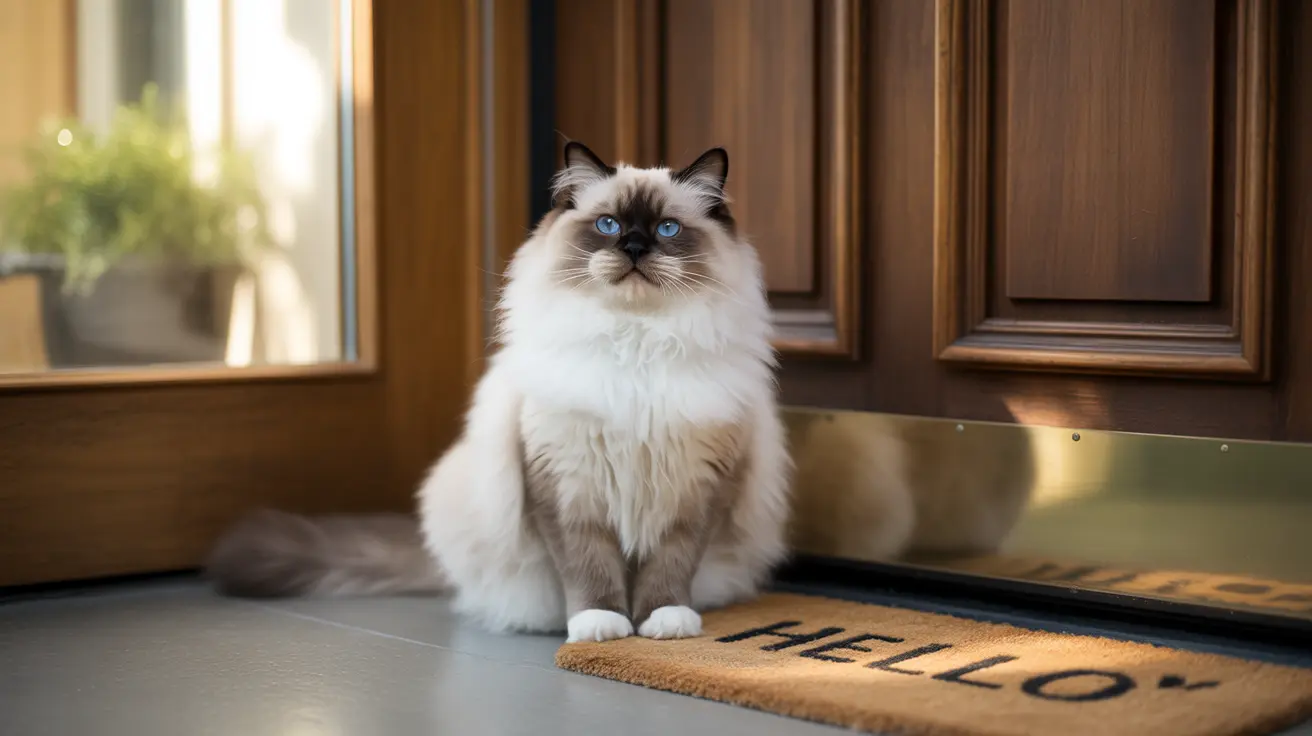 A fluffy white and cream Ragdoll cat with striking blue eyes sitting regally on a doormat