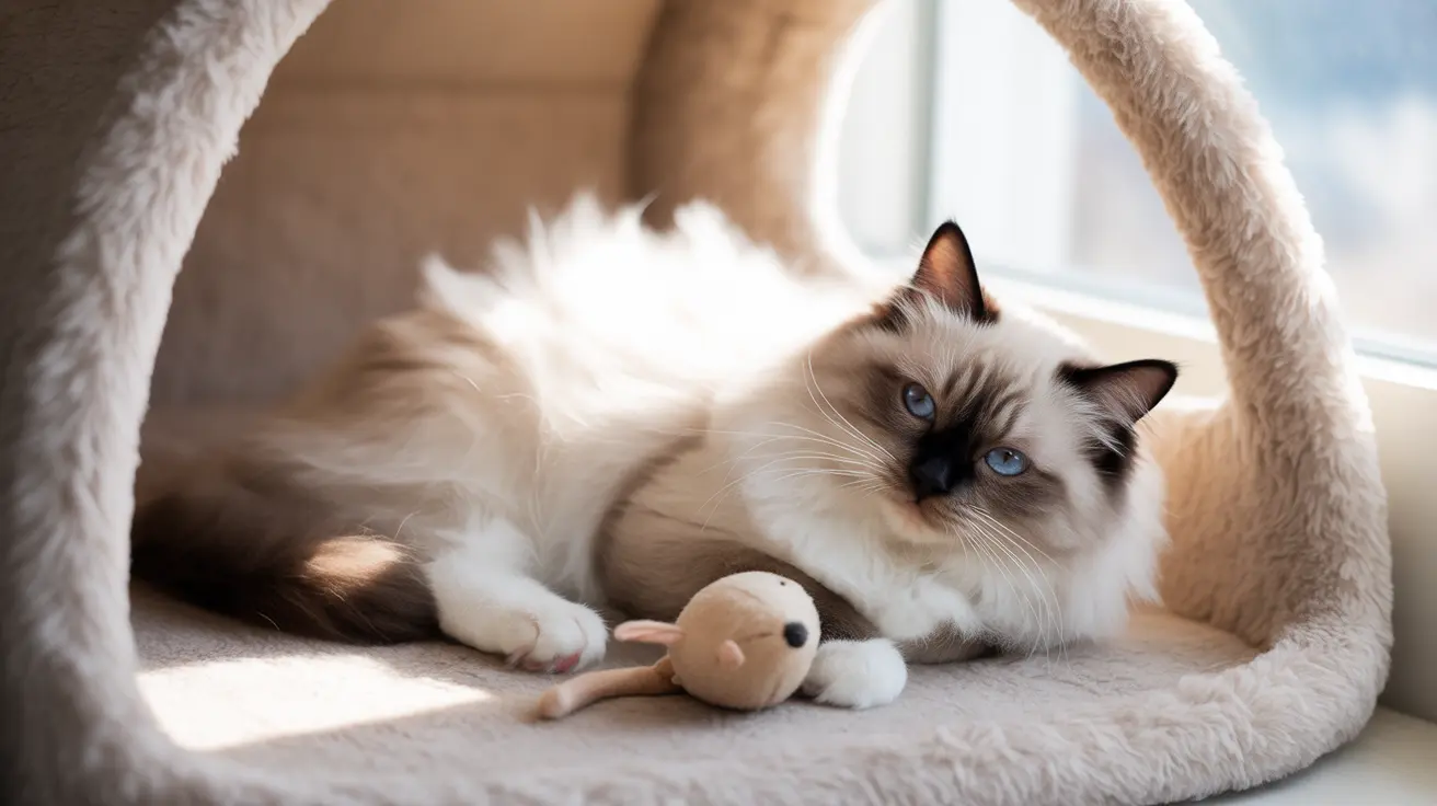 A serene Ragdoll cat with striking blue eyes resting in a soft beige cat bed near a window