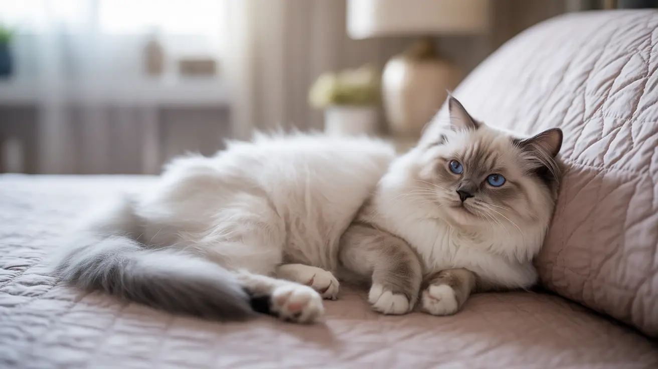 A serene Ragdoll cat with striking blue eyes resting on a soft, quilted bedspread