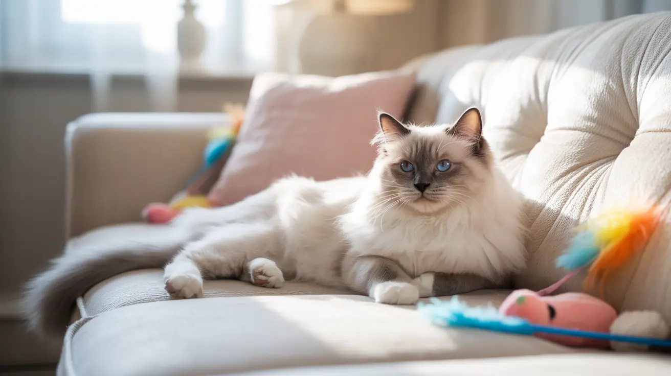 Ragdoll cat with blue eyes resting on beige sofa with colorful toys