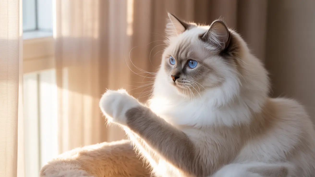 Ragdoll cat with blue eyes sitting peacefully by a sunny window