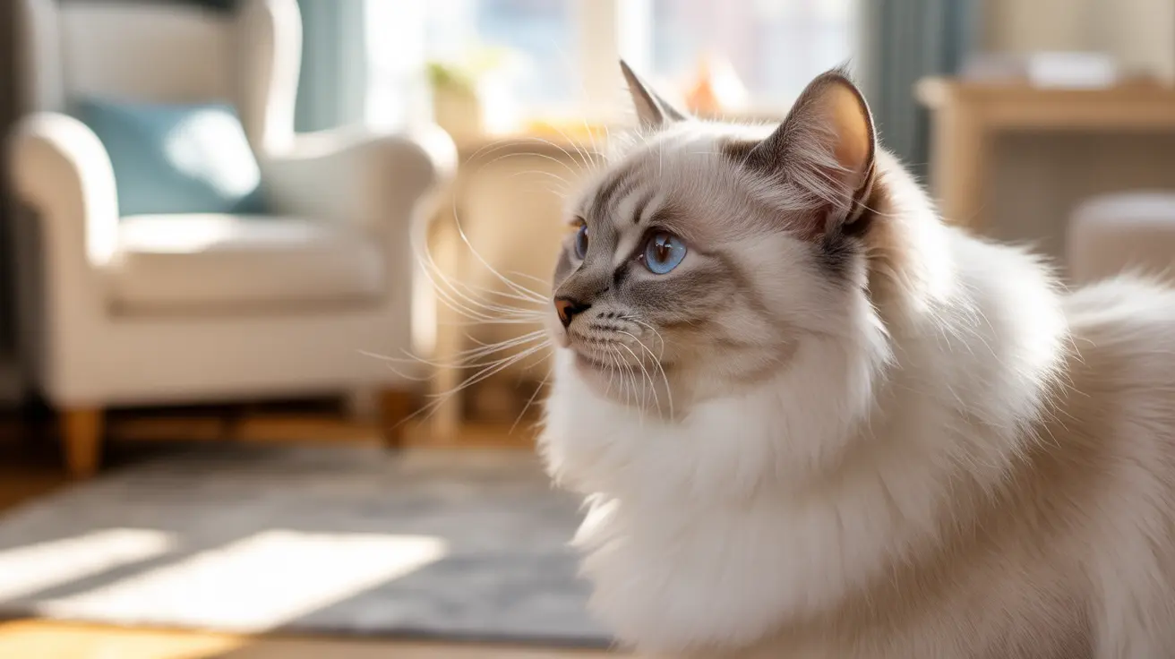 A majestic Ragdoll cat with striking blue eyes sitting elegantly in a bright, sunlit living room