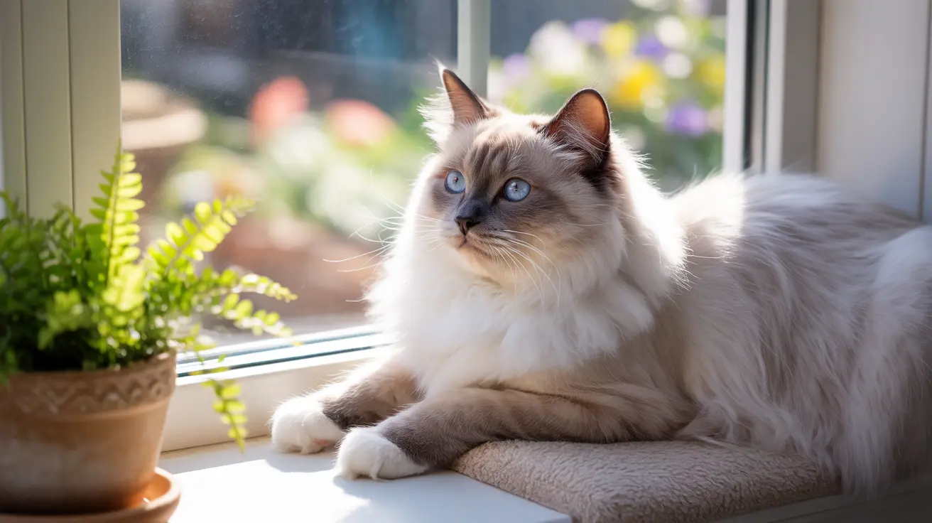 A beautiful Ragdoll cat with piercing blue eyes resting elegantly by a sunlit window