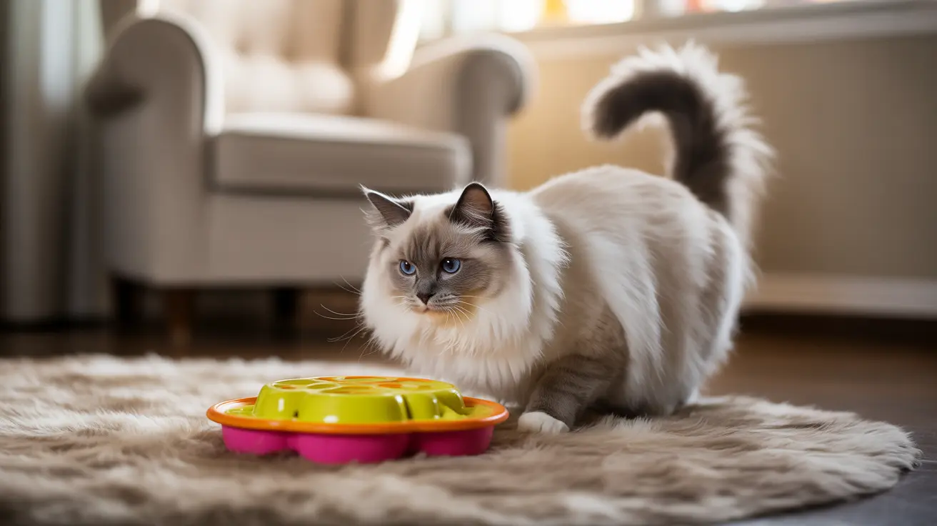 Ragdoll cat with blue eyes sitting next to a colorful interactive toy on a fluffy rug in a cozy living room