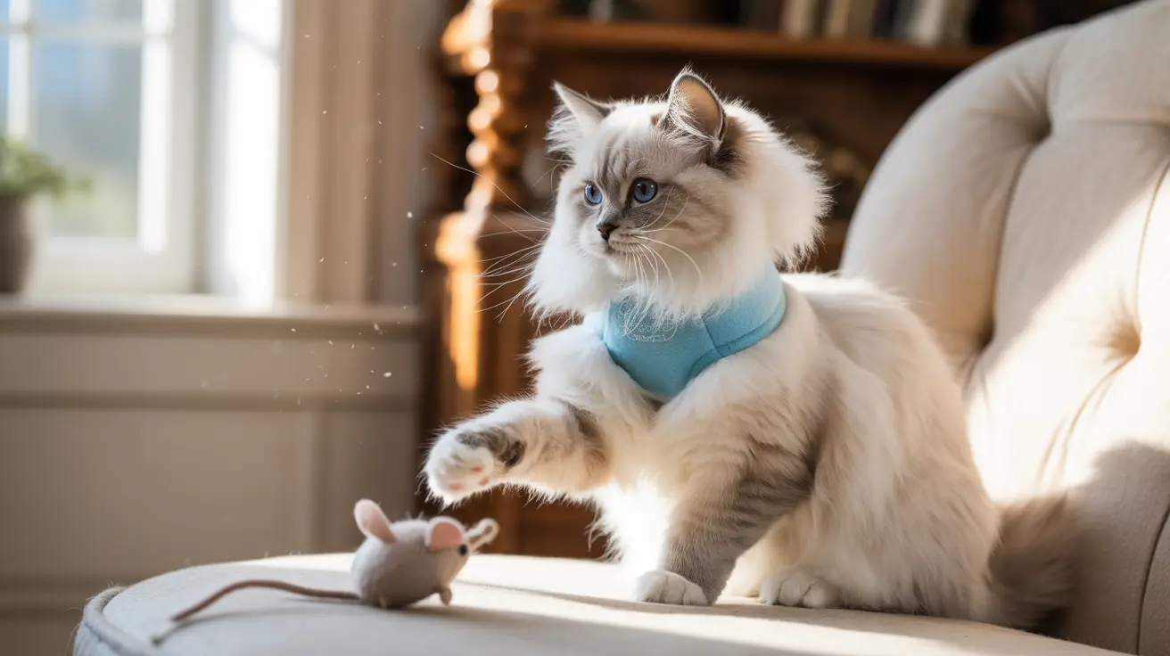 Fluffy white and gray Ragdoll cat with blue eyes playing with a toy mouse on a cozy armchair