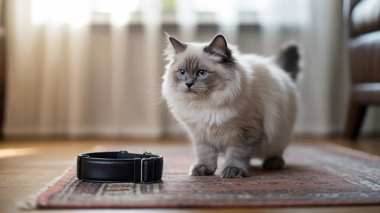 A fluffy white and gray Ragdoll cat with striking blue eyes sitting on a patterned rug