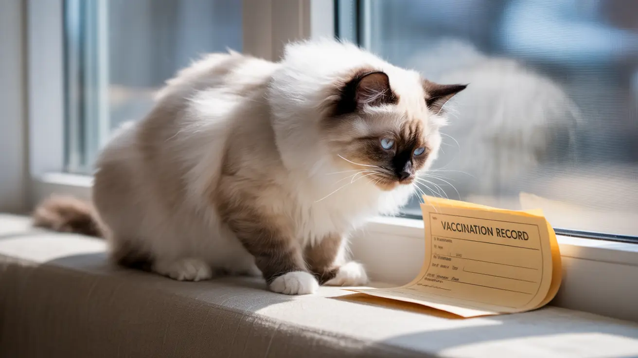 Ragdoll cat with blue eyes on windowsill beside vaccination record card in natural light