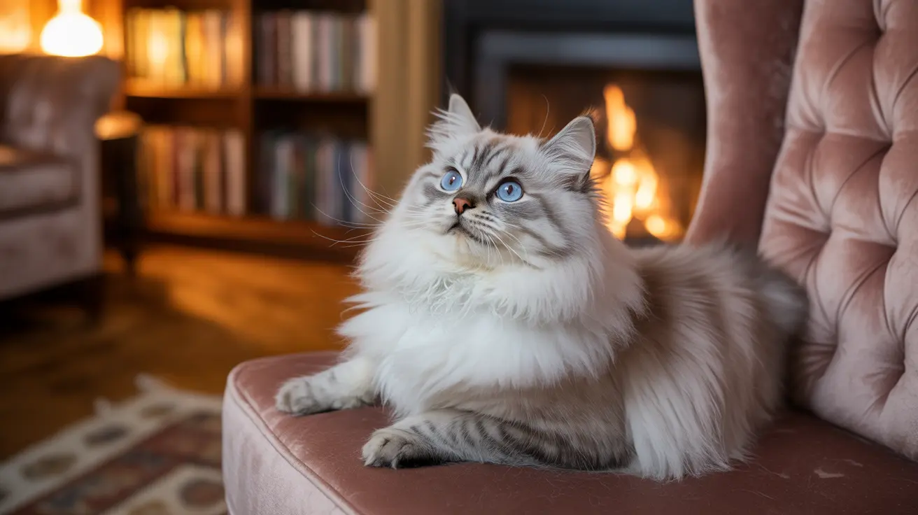 A stunning white and gray Ragdoll cat with vivid blue eyes sitting elegantly on a pink velvet chair near a warm fireplace.
