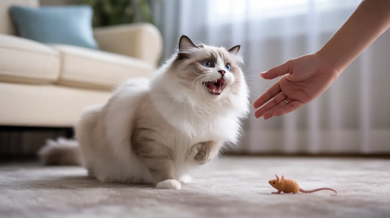 A Ragdoll cat with striking blue eyes appears excited and vocal, near a toy mouse on a soft carpet