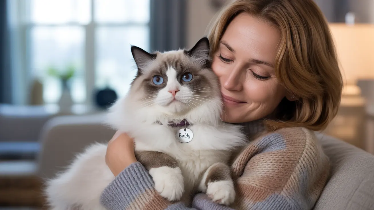 A Ragdoll cat with striking blue eyes being lovingly held by a woman in a cozy indoor setting