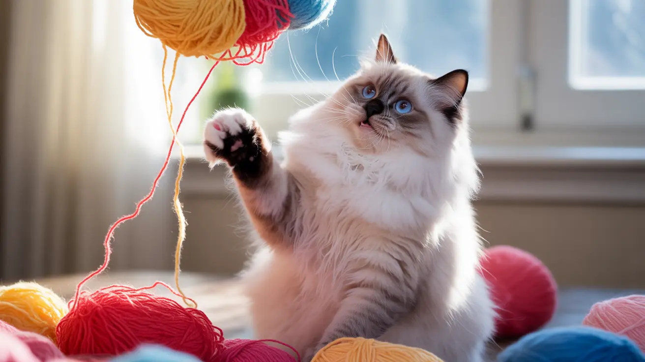 Ragdoll cat with blue eyes playing with colorful yarn balls indoors