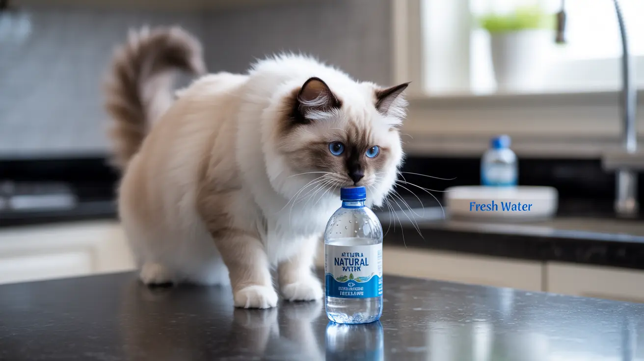 A fluffy Ragdoll cat sitting next to a water bottle on a kitchen counter