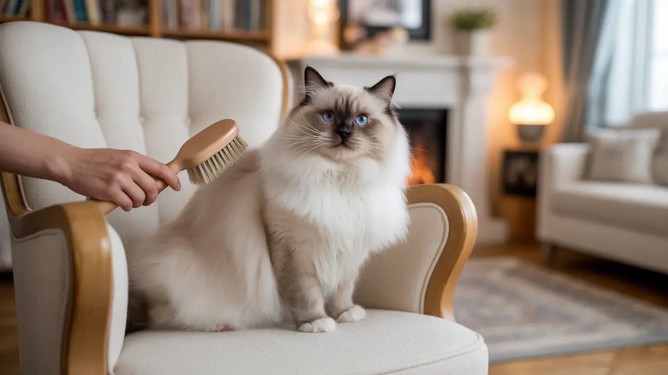 Fluffy white Ragdoll cat being brushed on a comfortable armchair in a cozy living room