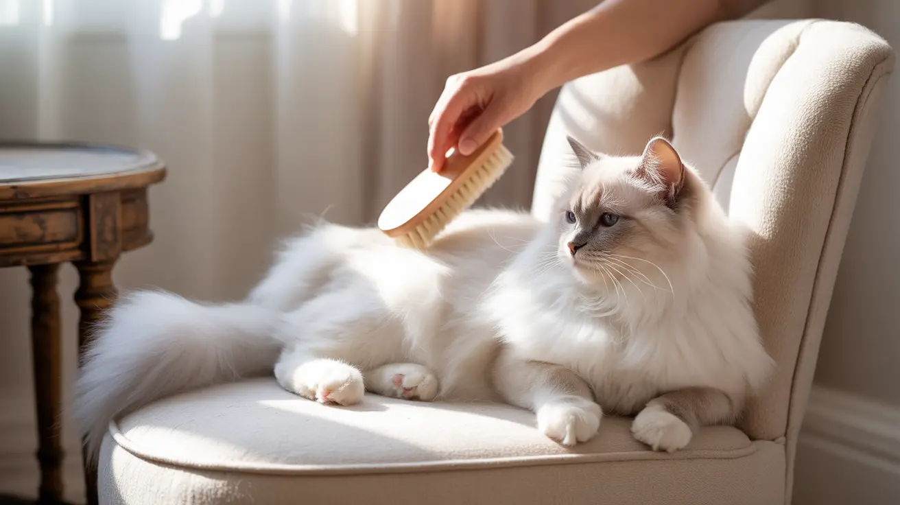 Fluffy white Ragdoll cat relaxed on cream armchair being gently brushed by owner