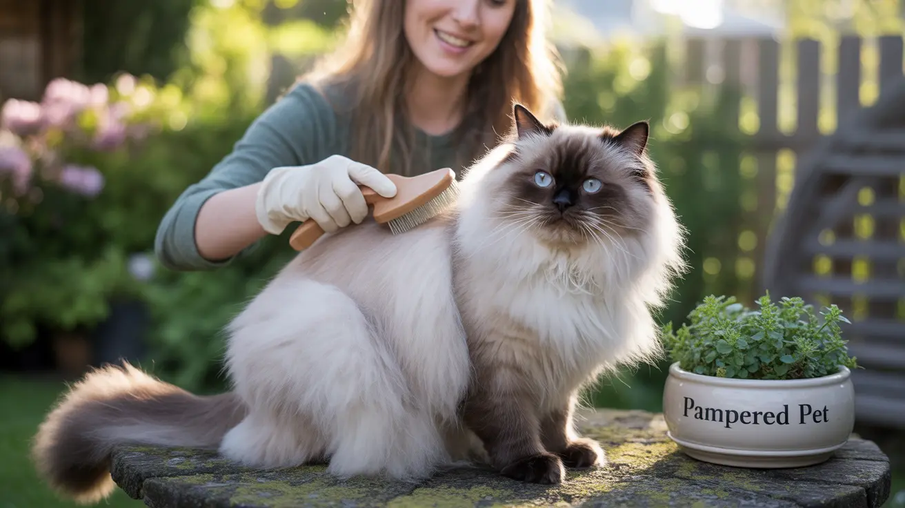 A fluffy Ragdoll cat being brushed by a smiling person in a garden setting