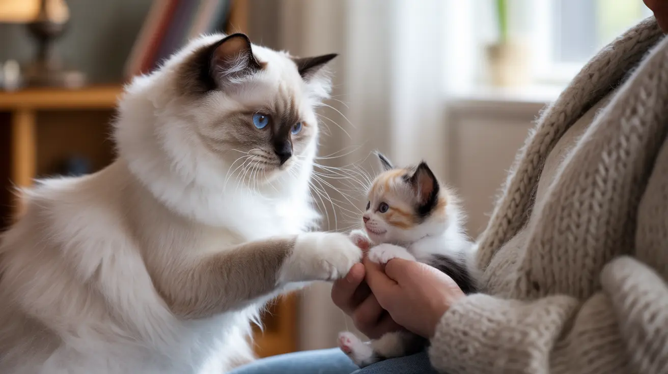 A Ragdoll cat with a small calico kitten, sharing a tender moment on a cozy chair