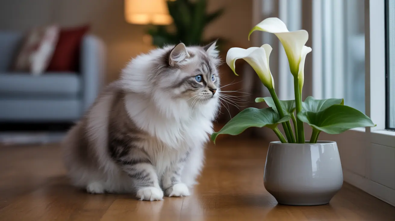 A fluffy white and gray Ragdoll cat sitting near a white calla lily plant in a modern, bright interior.