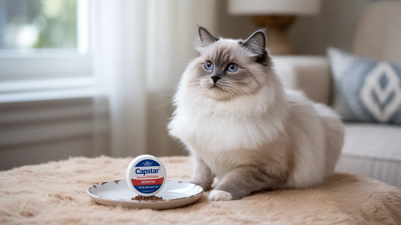 A fluffy white and cream Ragdoll cat sitting next to a Capstar flea treatment container on a soft beige surface.