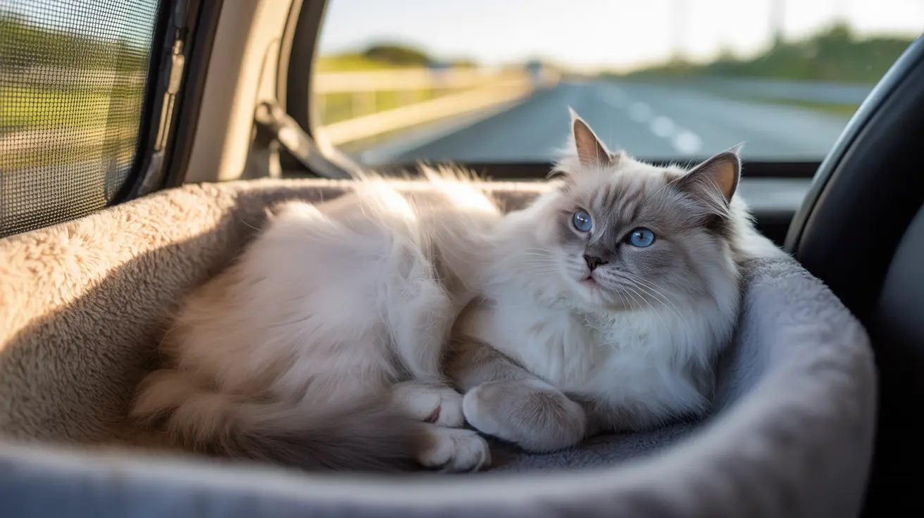 A fluffy white and cream Ragdoll cat resting comfortably in a car during a road trip