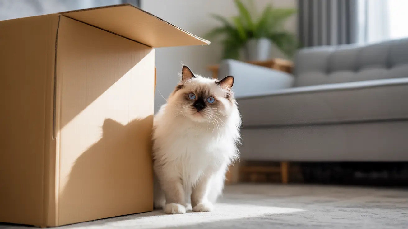 A fluffy white and cream Ragdoll cat sitting next to a cardboard box in a modern living room
