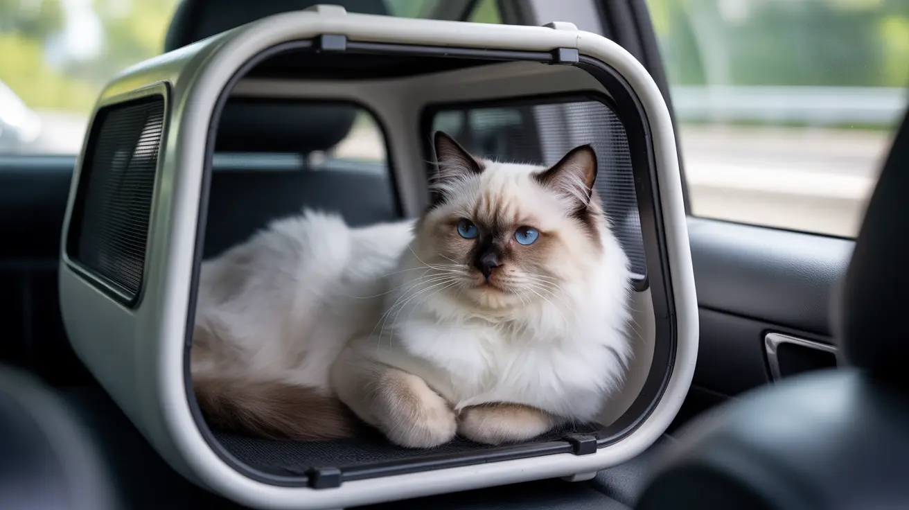 A Ragdoll cat sitting comfortably inside a pet carrier in a vehicle
