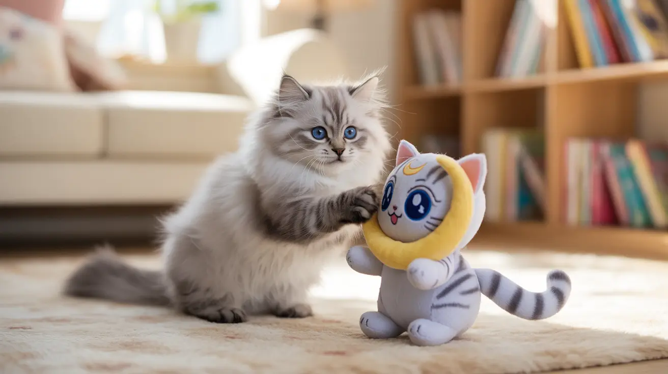 Un gato Ragdoll blanco y gris, de pelaje suave, sentado en una alfombra junto a un lindo peluche de gato estilo caricatura