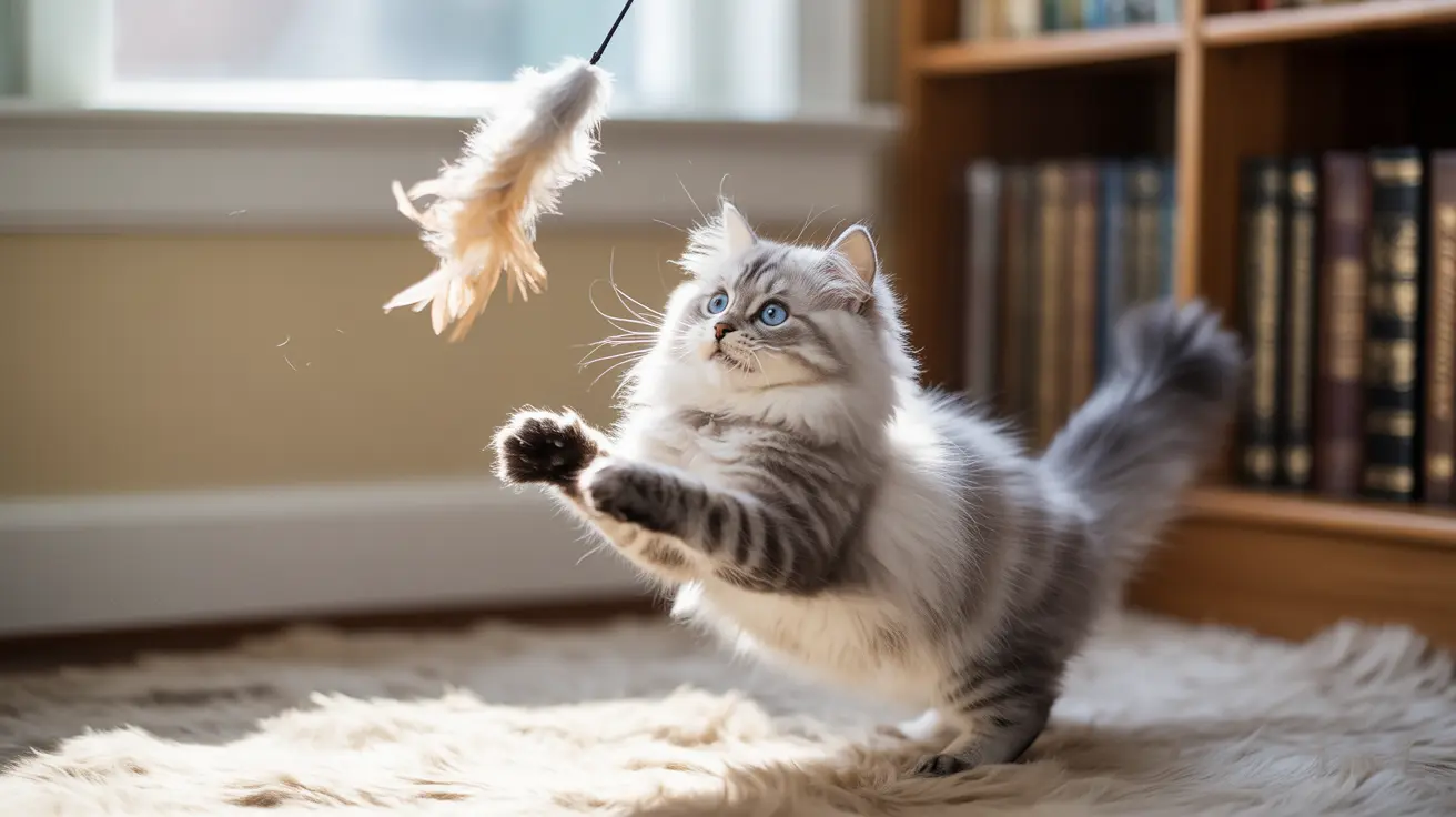 A fluffy white and gray Ragdoll cat playfully leaping to catch a feather toy in an indoor setting