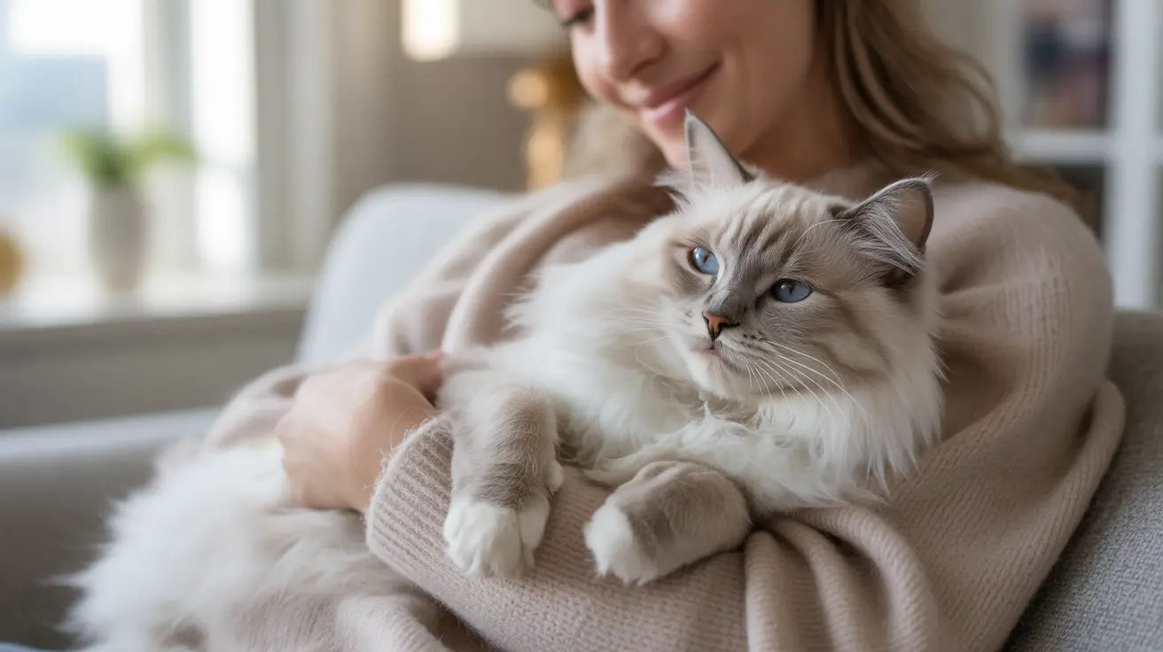 A serene white and gray Ragdoll cat being lovingly held by someone in a cozy indoor setting