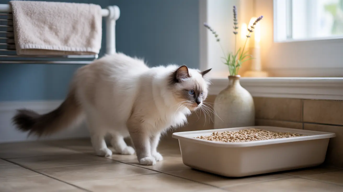 Un gato Ragdoll esponjoso y blanco de pie junto a su caja de arena en un baño limpio y brillante.