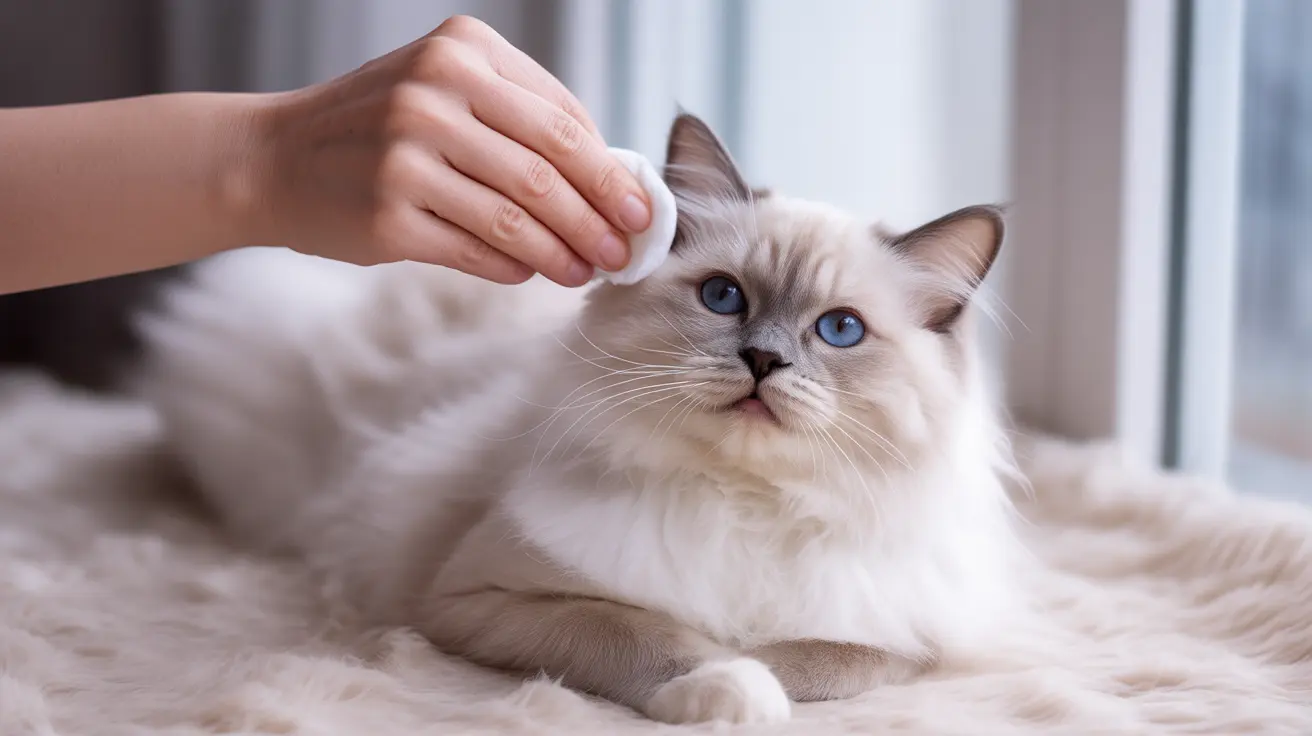 A fluffy white Ragdoll cat being gently touched on the head by a hand