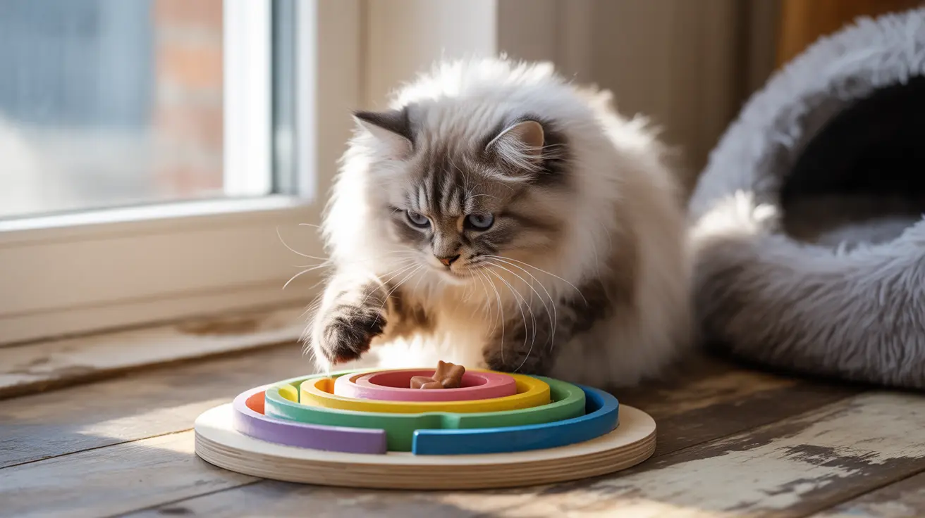 A fluffy white and gray Ragdoll cat playing with a colorful circular puzzle toy near a window