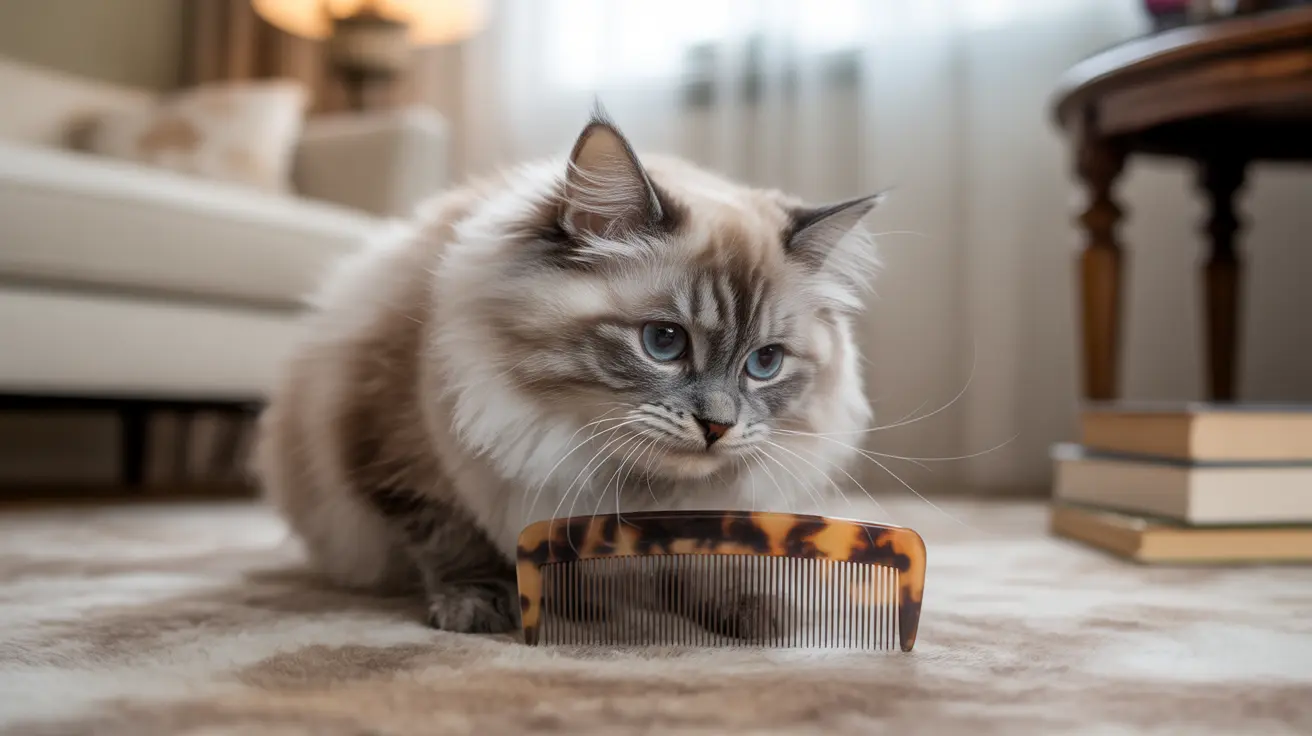 A fluffy Ragdoll cat sitting next to a tortoiseshell grooming comb on a soft carpet