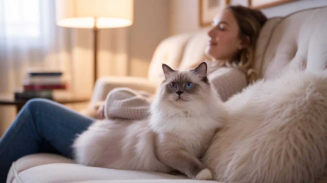 A fluffy white and cream Ragdoll cat sitting elegantly on a cozy couch with a relaxed person in the background