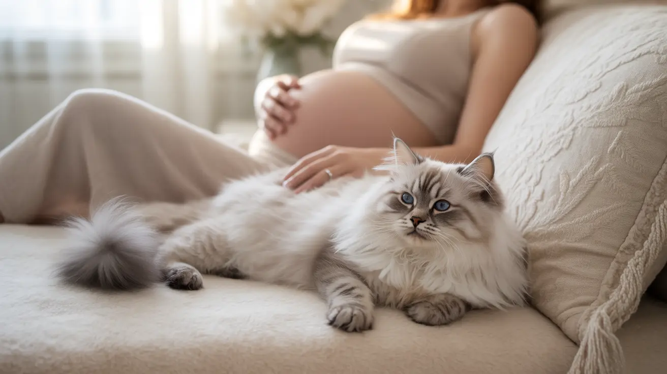 ふわふわの白と灰色のラグドールキャットが妊娠中の人の隣で居心地の良いソファに休んでいる様子
