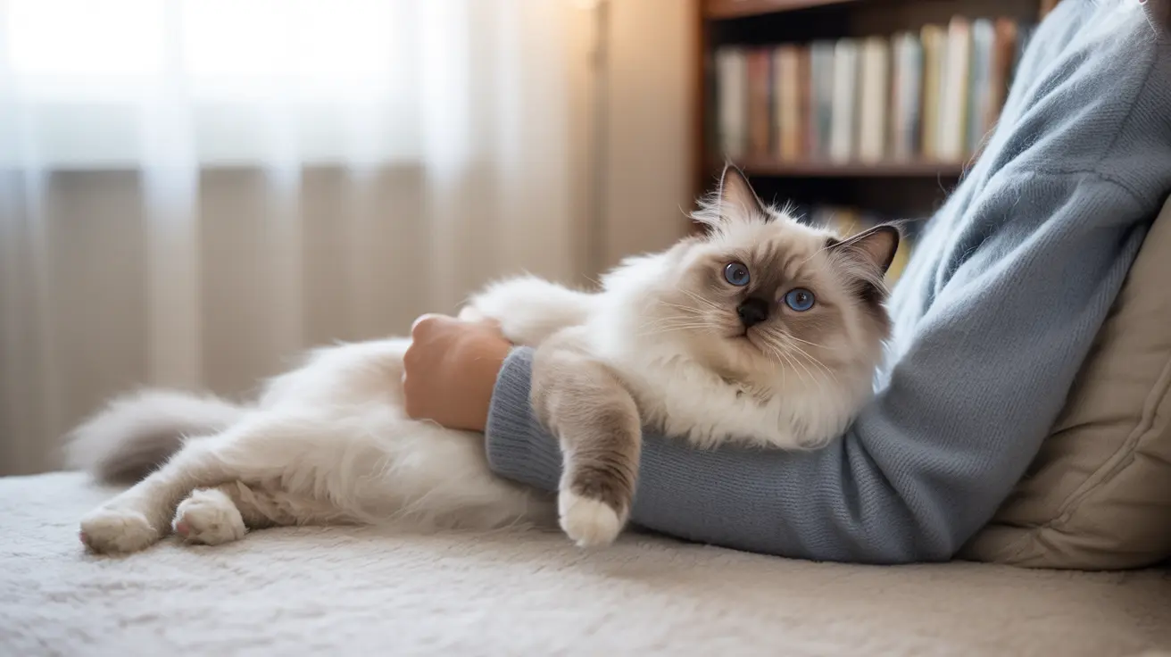 A fluffy white and cream Ragdoll cat resting comfortably on a couch next to a person’s arm