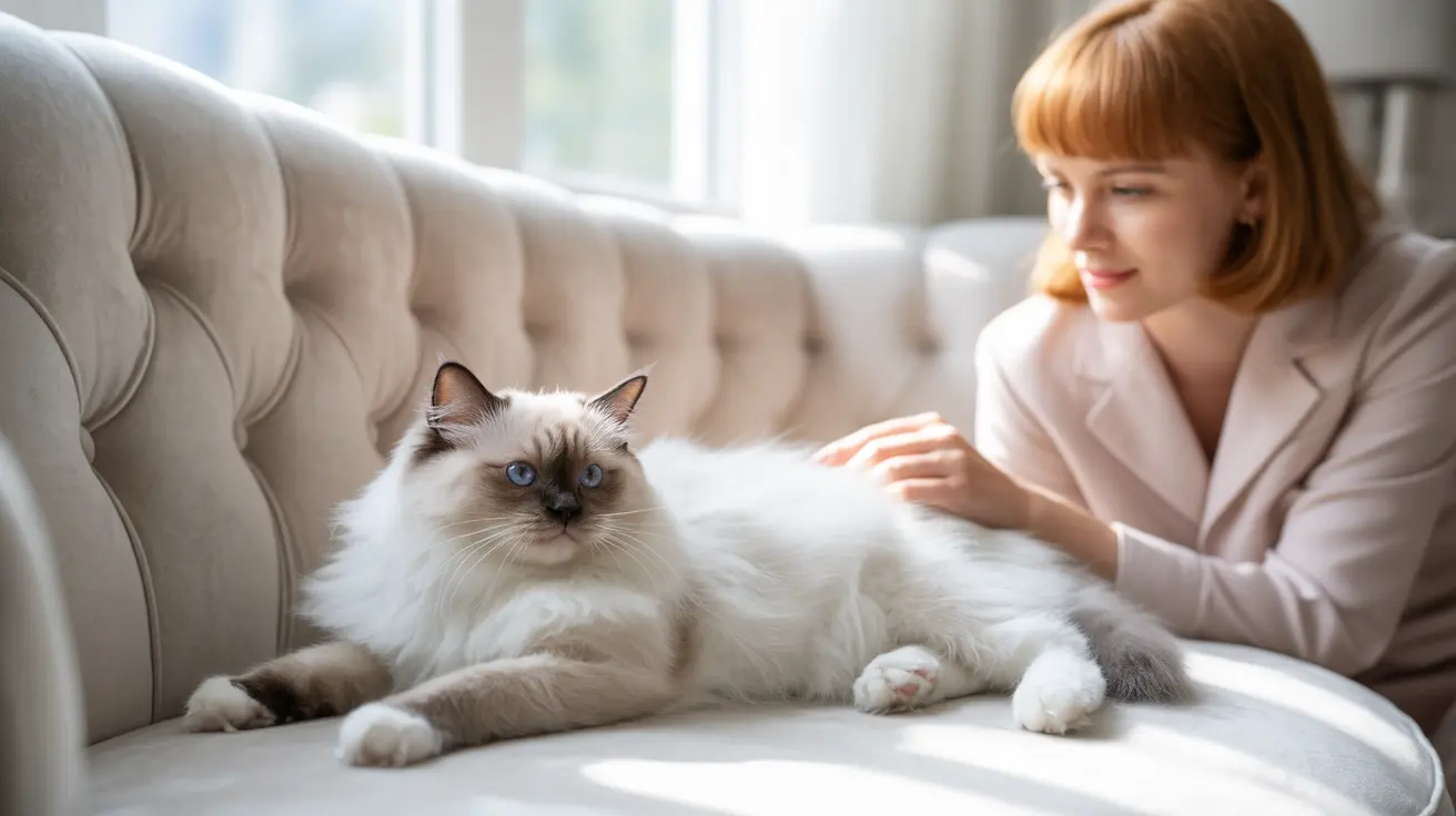 A fluffy white and gray Ragdoll cat resting on a light-colored tufted couch near a window