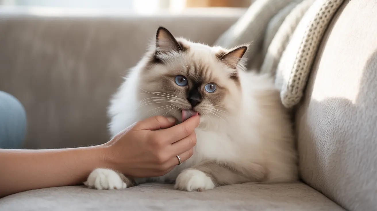 A fluffy white and cream Ragdoll cat with striking blue eyes being gently petted on a cozy couch