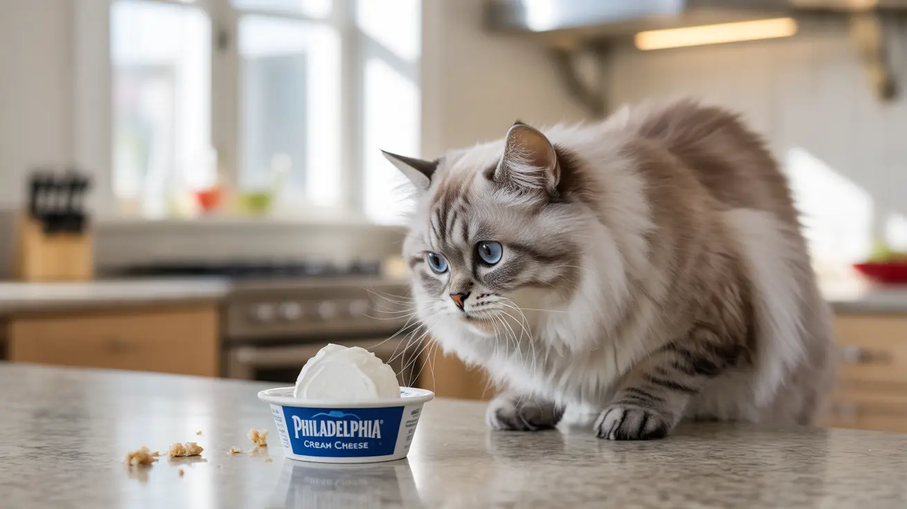 Fluffy Ragdoll cat sitting beside an open Philadelphia cream cheese container on a kitchen counter