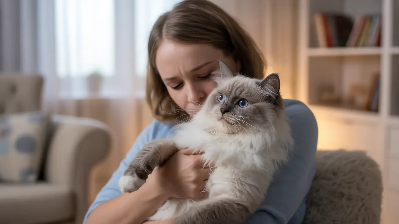 A white and gray Ragdoll cat being tenderly held and cuddled by a person indoors
