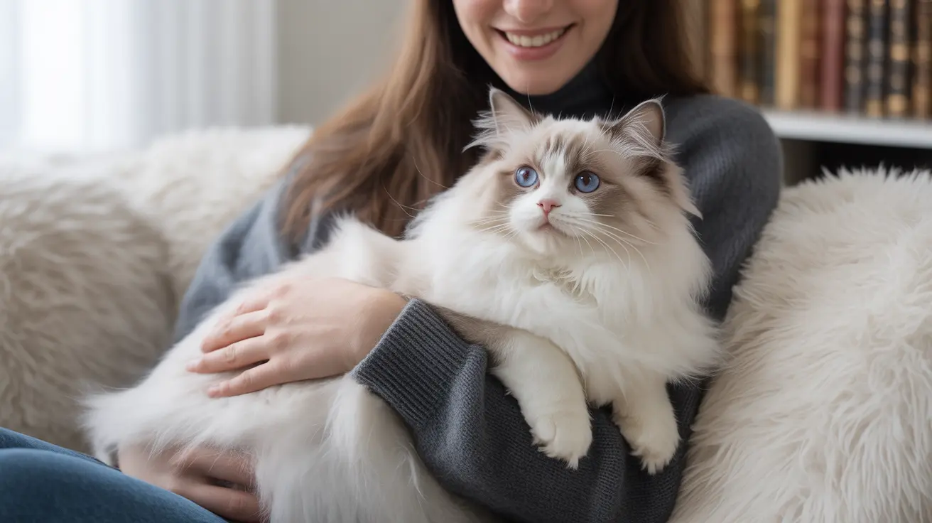 ふわふわの白と淡い茶色のラグドール猫が、笑顔の人に柔らかい毛皮のソファで優しく抱きしめられている様子。