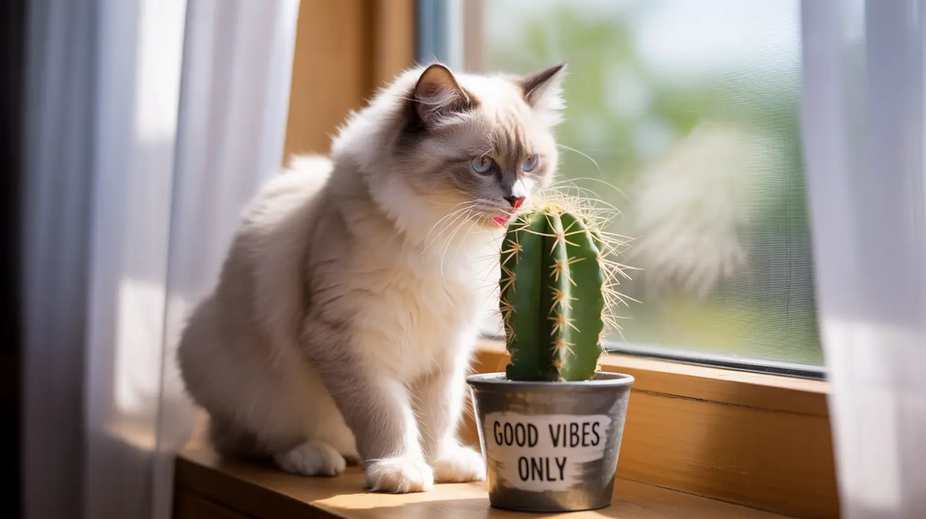 Fluffy Ragdoll cat sitting next to a cactus on a windowsill, curiously inspecting or licking the cactus