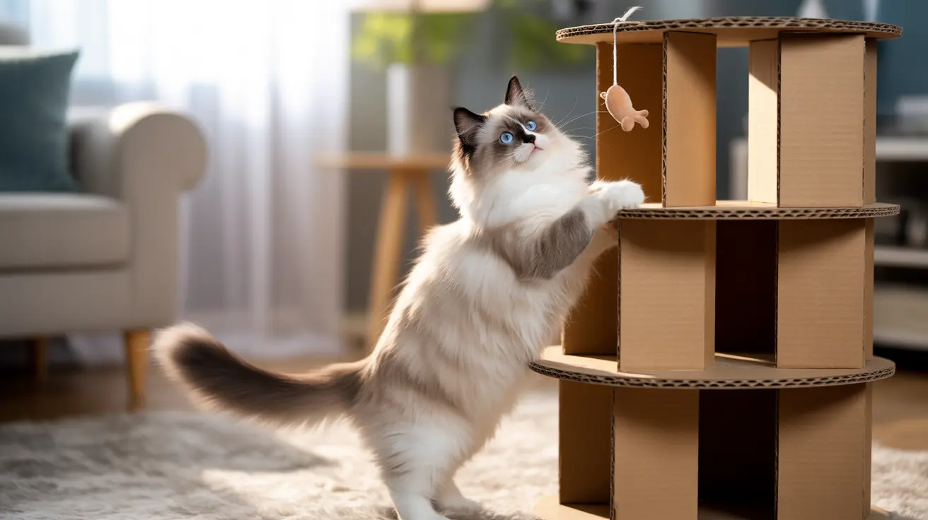 A beautiful Ragdoll cat standing upright and reaching towards a hanging toy on a cardboard cat tree