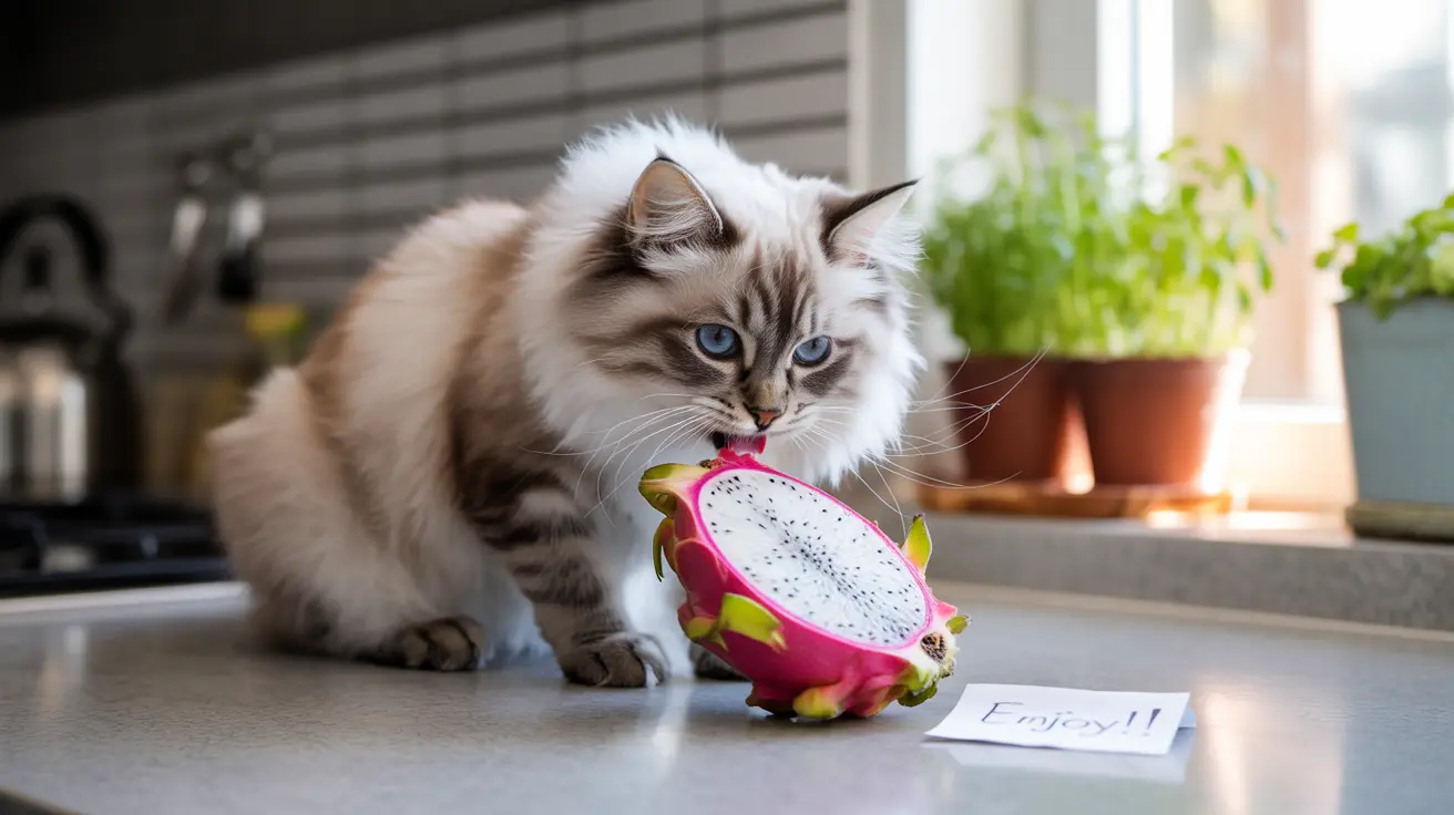 A fluffy Ragdoll cat with piercing blue eyes licking a vibrant pink dragon fruit on a kitchen counter