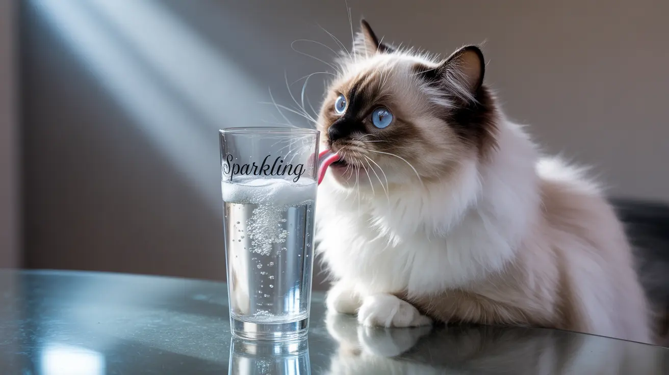 A Ragdoll cat with striking blue eyes drinking from a sparkling water glass