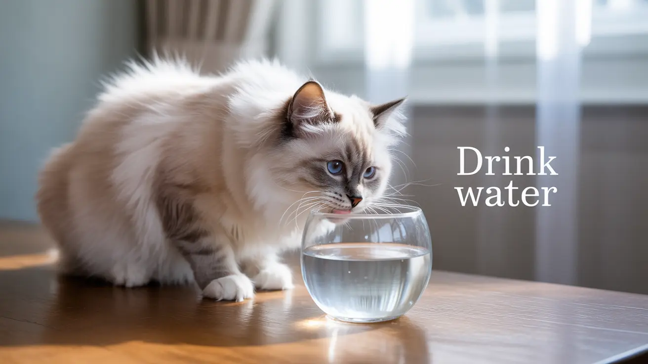 A fluffy white and gray Ragdoll cat drinking water from a round glass bowl