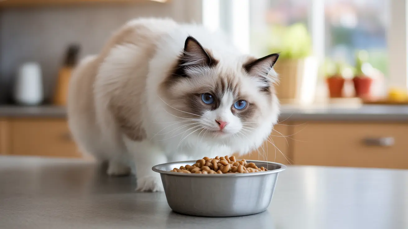 A beautiful Ragdoll cat sitting near a metal bowl filled with dry cat food in a bright kitchen setting