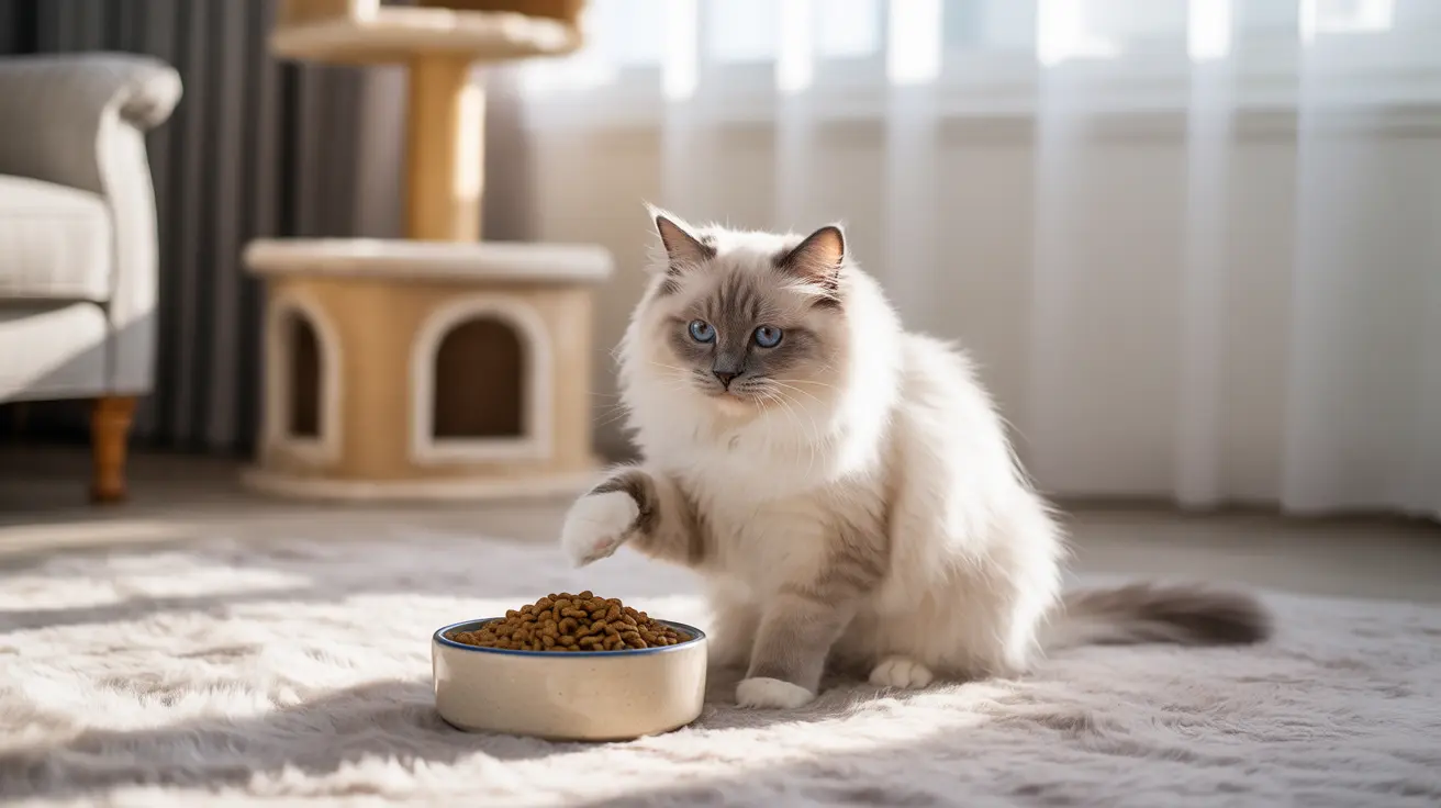 A fluffy white Ragdoll cat sitting next to a bowl of dry cat food in a bright, sunlit living room