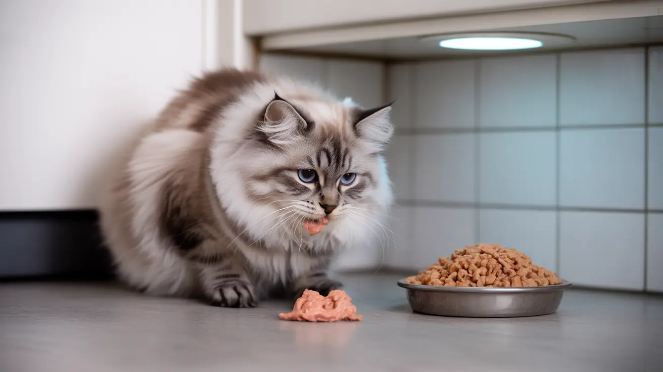 Un gato Ragdoll esponjoso sentado junto a un tazón de comida seca para gatos con un trozo de comida húmeda frente a él
